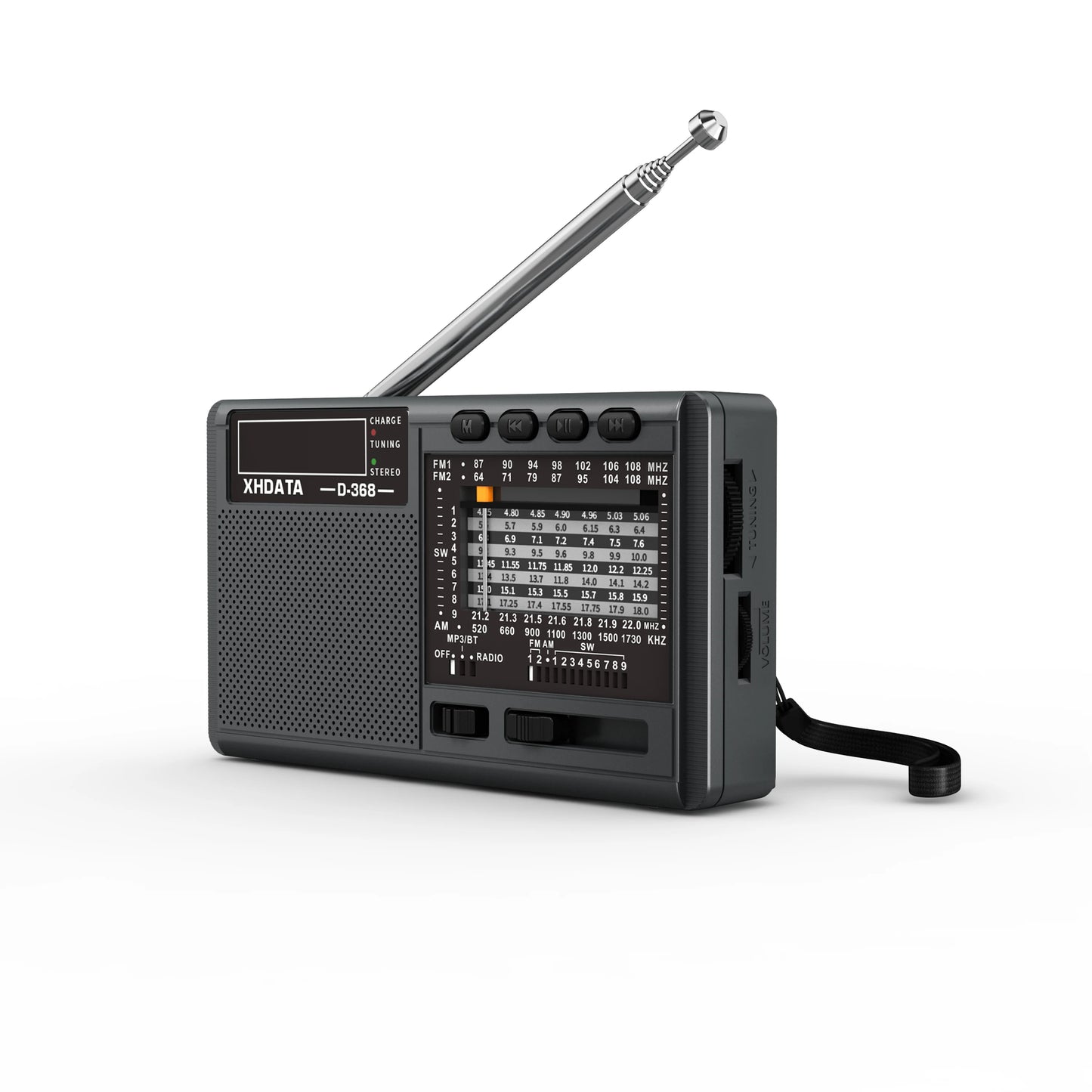 XHDATA D-368 Portable AM/FM/SW 12-Band Radio – Bluetooth, MP3, TF Card, USB, Type-C Charging | DSP Chip