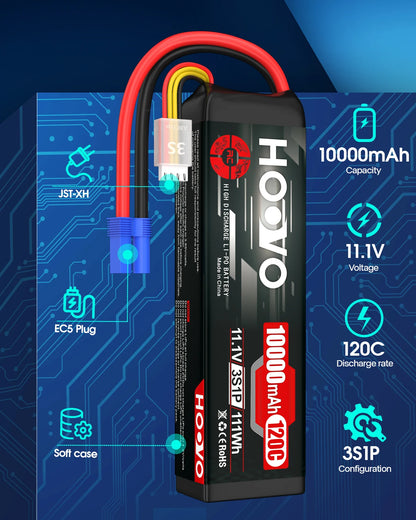 2Pcs HOOVO 3S Lipo Battery 11.1V 10000mAh 120C RC Lipo Battery Softcase EC5 Plug for RC Cars Drones, DJI, FPV, RC Plane, Racing