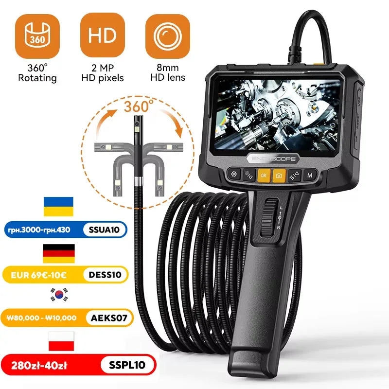 360° Articulating Industrial Endoscope Borescope – 1080P, 5" IPS, Single/Dual Lens, IP67, 8.5mm/6mm Probe