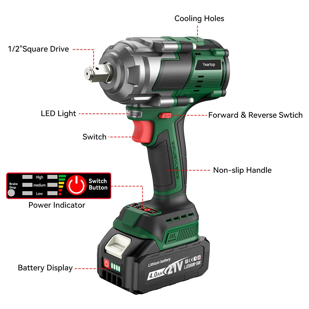 YEARTOP 2800N.m Brushless Cordless Impact Wrench – 1/2" Extended Anvil, Fits Makita 18V Battery