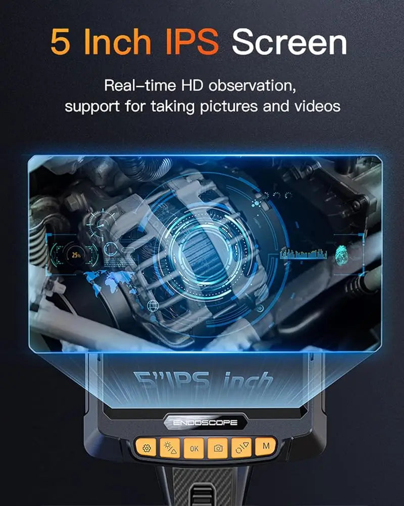 360° Articulating Industrial Endoscope Borescope – 1080P, 5" IPS, Single/Dual Lens, IP67, 8.5mm/6mm Probe