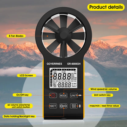 Digital Anemometer with Temperature & Airflow Measurement, Backlight, MAX/MIN, Type-C Charging, IP67 Waterproof for HVAC/Drones