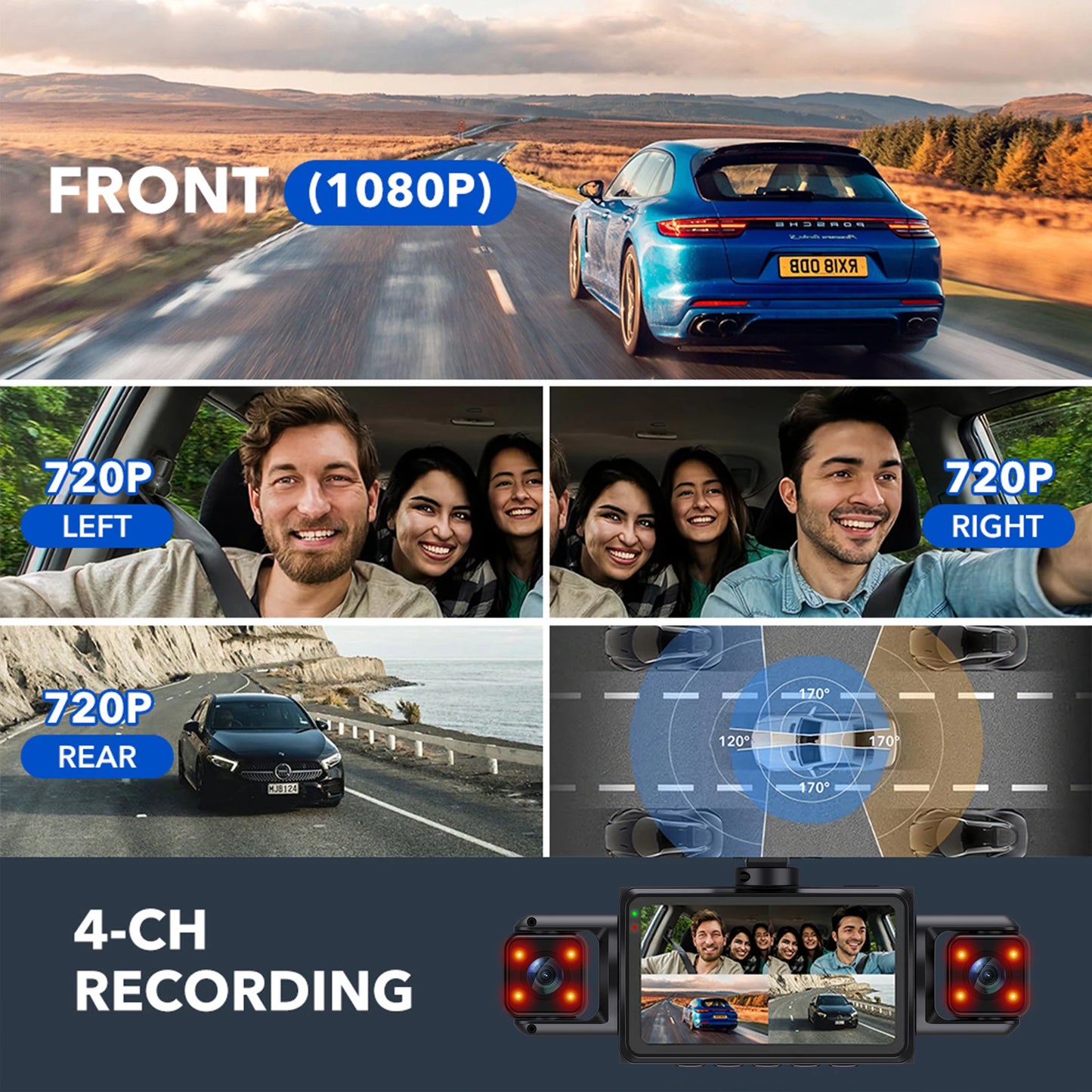 4-Channel WiFi Dashcam – 1080P FHD, Front/Left/Right/Rear, Night Vision, Loop Recording, G-Sensor