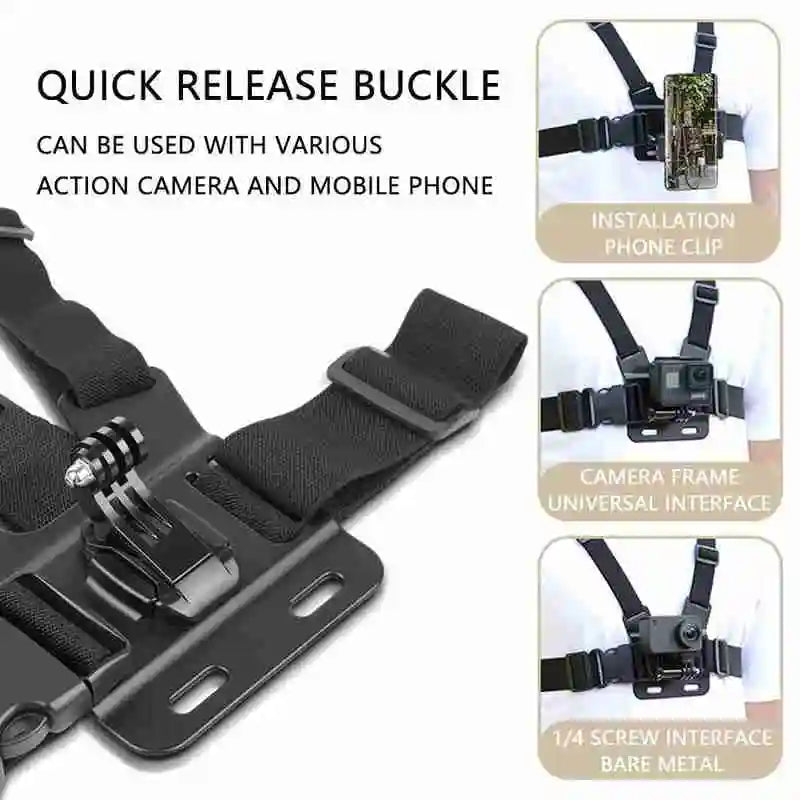 Phone & Action Camera Chest Mount Harness – 360° Holder, J-Hook, Adjustable Strap | GoPro, Insta360, DJI, Smartphones