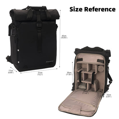Besnfoto Expandable Roll Top Waterproof Camera Backpack for DSLR SLR Mirrorless Drones, Fits 16'' Laptop with Tripod Holder