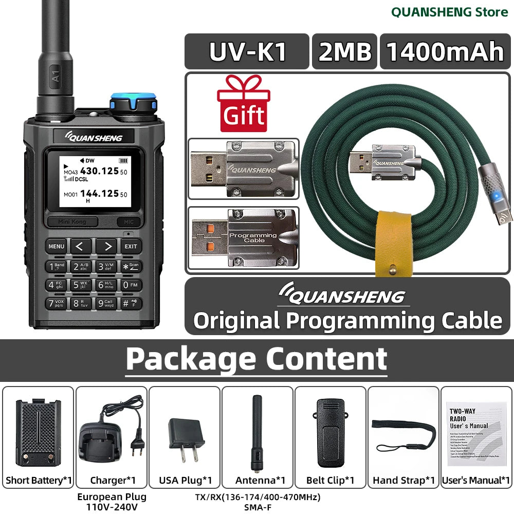 Quansheng UV-K1 Mini Multi-Band Ham Radio Transceiver – 3W–5W, 200 Channels, Type-C, NOAA, Aviation Band