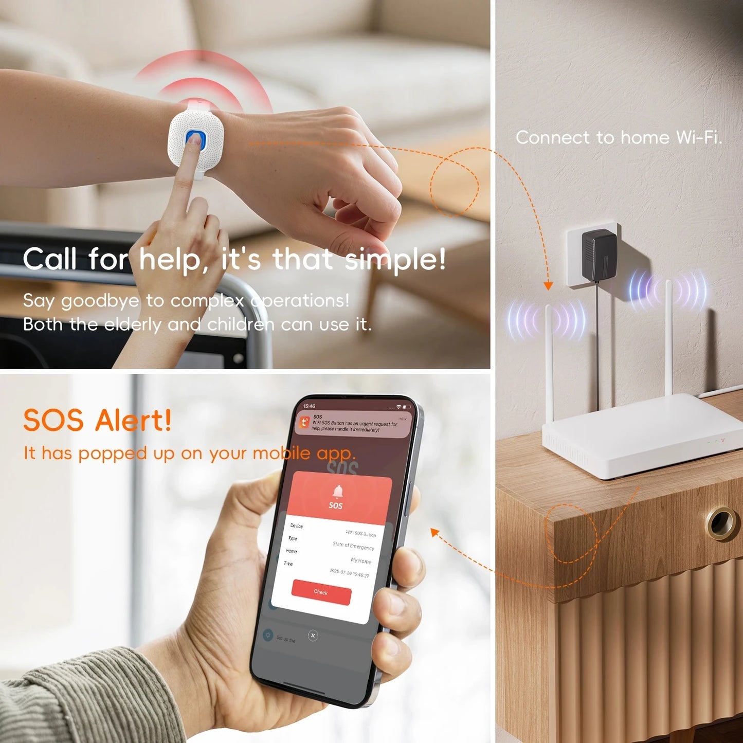 Tuya WiFi Emergency SOS Bracelet for Elderly Fall Personal Alert System Waterproof SOS Watch For Hospital Healthcare Call Button
