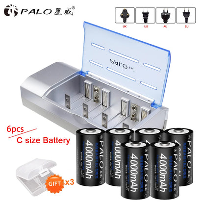 PALO 4-12pcs R14 C Cell Battery C Size Rechargeable Battery 1.2V NI-MH C Type Batteries+ intelligent fast charging LED charger