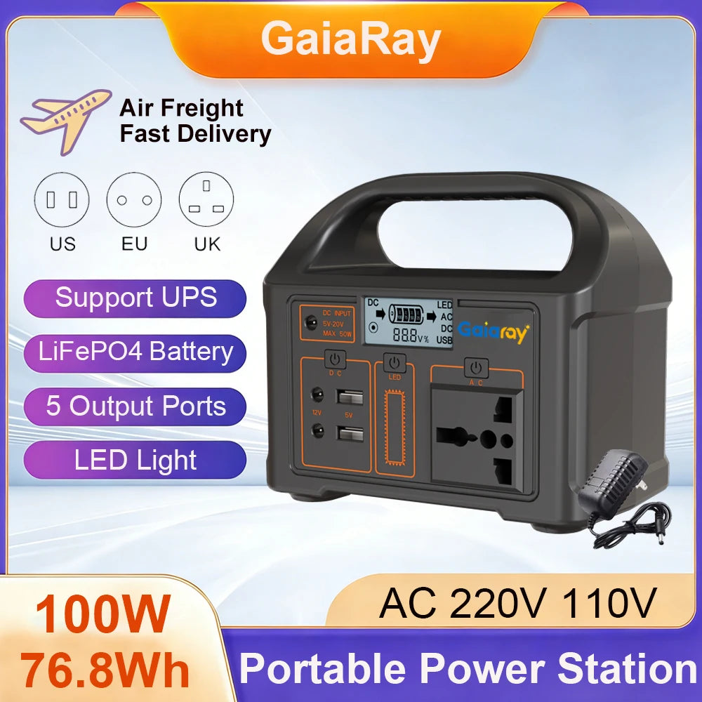 GaiaRay 100W Portable Power Station – 76.8Wh LiFePO4 Solar Generator for Camping & Emergencies