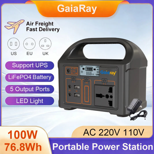 GaiaRay 100W Portable Power Station – 76.8Wh LiFePO4 Solar Generator for Camping & Emergencies