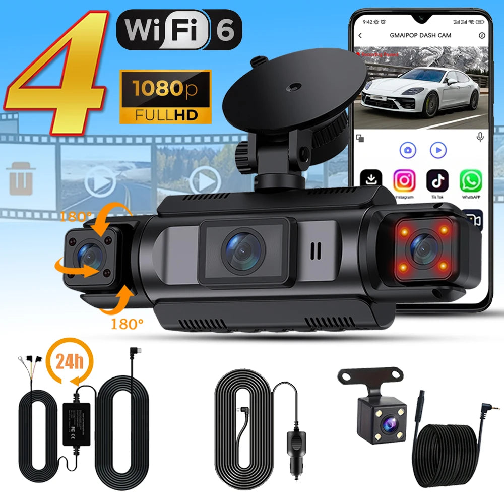 4-Channel WiFi Dashcam – 1080P FHD, Front/Left/Right/Rear, Night Vision, Loop Recording, G-Sensor