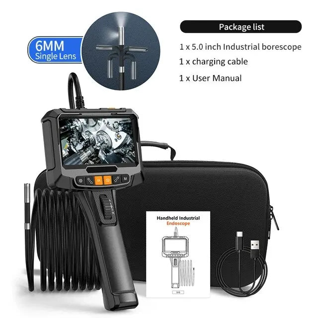 360° Articulating Industrial Endoscope Borescope – 1080P, 5" IPS, Single/Dual Lens, IP67, 8.5mm/6mm Probe