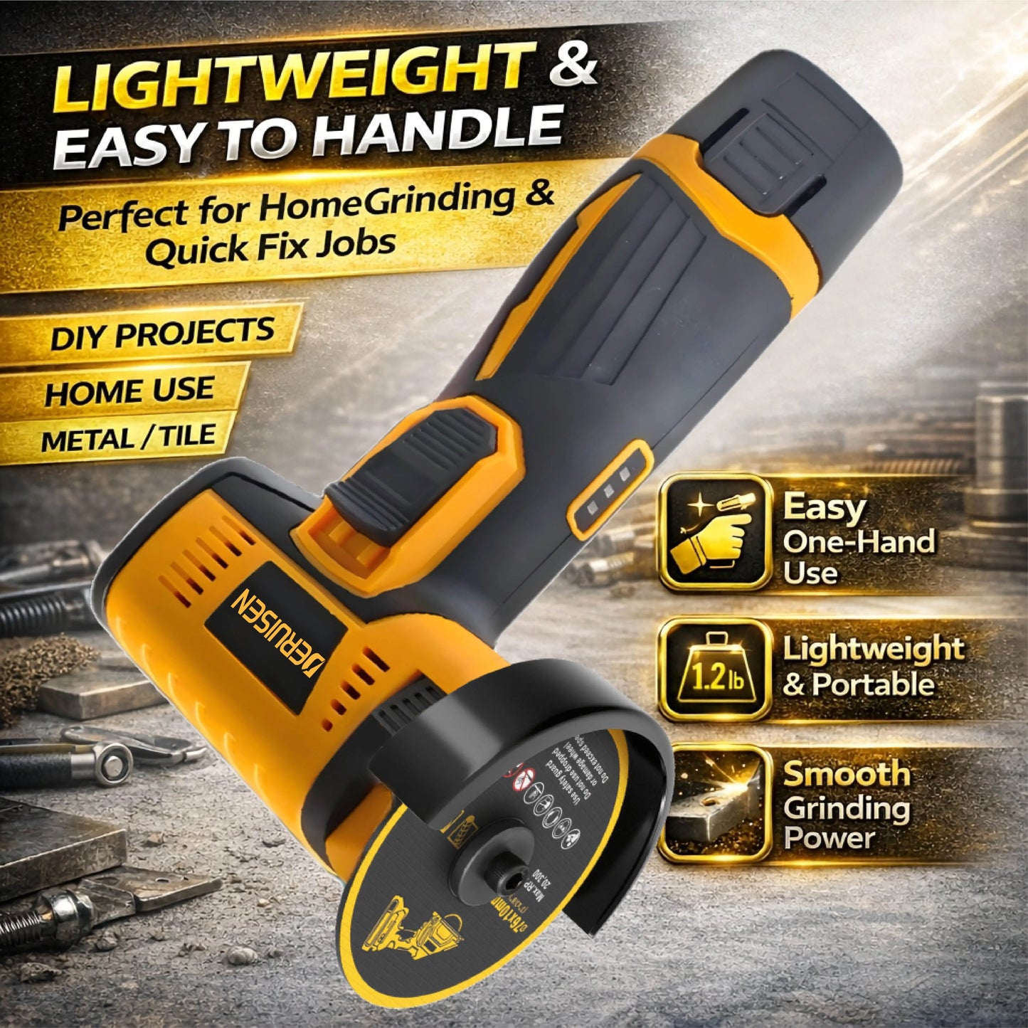 19,800 RPM Mini Cordless Angle Grinder & Polisher – 12V Lithium, Metal, Wood, Stone & Concrete