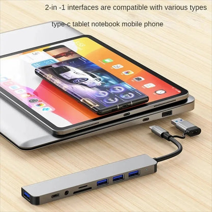 8-in-2 USB-C Hub – USB 3.0, USB 2.0 x3, USB-C, SD/TF Card Reader, 3.5mm Audio, Aluminum Docking Station