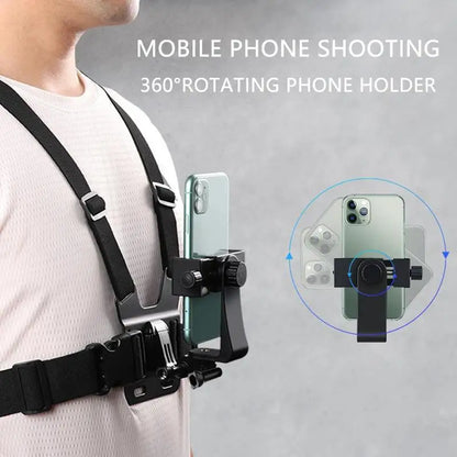 Phone & Action Camera Chest Mount Harness – 360° Holder, J-Hook, Adjustable Strap | GoPro, Insta360, DJI, Smartphones