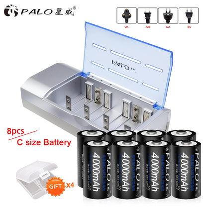 PALO 4-12pcs R14 C Cell Battery C Size Rechargeable Battery 1.2V NI-MH C Type Batteries+ intelligent fast charging LED charger