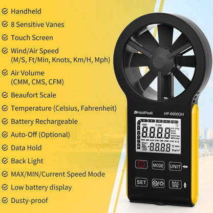 Digital Anemometer with Temperature & Airflow Measurement, Backlight, MAX/MIN, Type-C Charging, IP67 Waterproof for HVAC/Drones