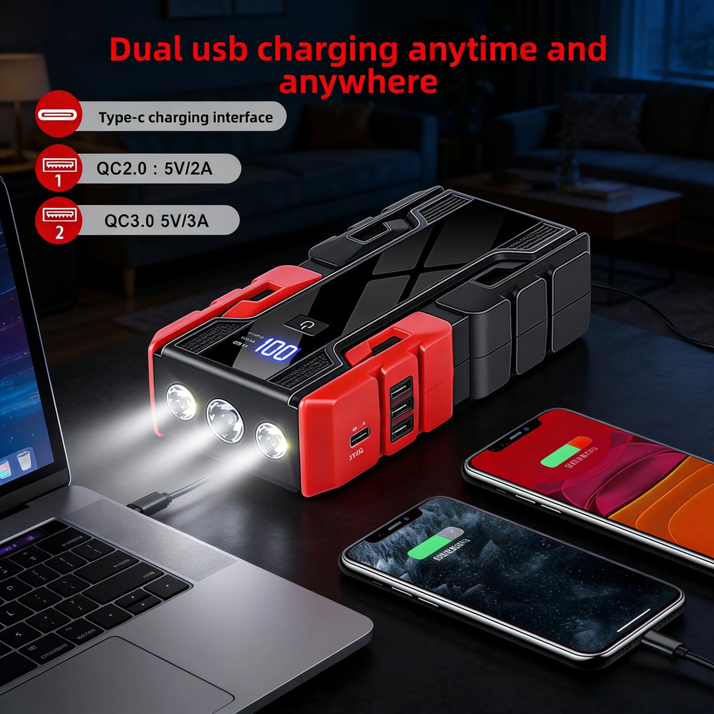 3000A Car Jump Starter – 99800mAh Portable Power Bank, 12V Booster for Gas (6.0L) & Diesel (4.0L) Engines