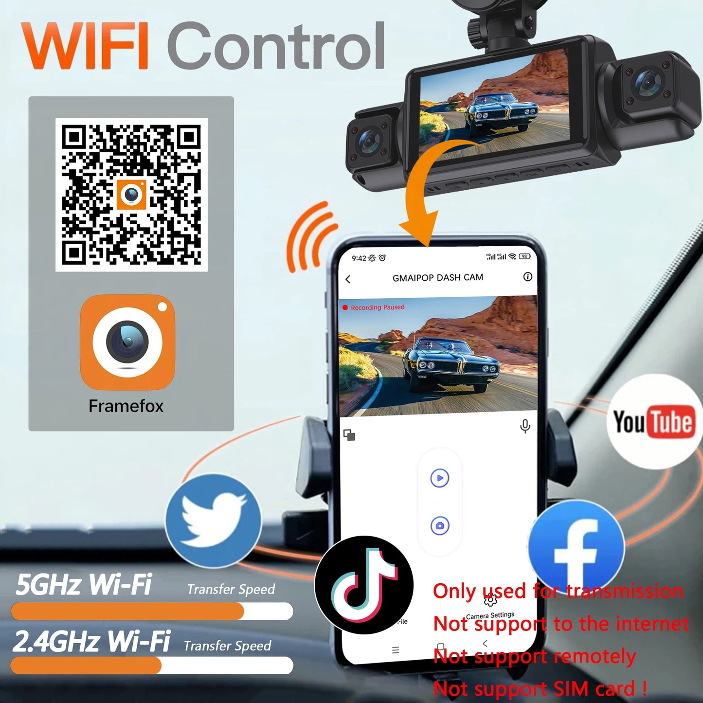 4-Channel WiFi Dashcam – 1080P FHD, Front/Left/Right/Rear, Night Vision, Loop Recording, G-Sensor
