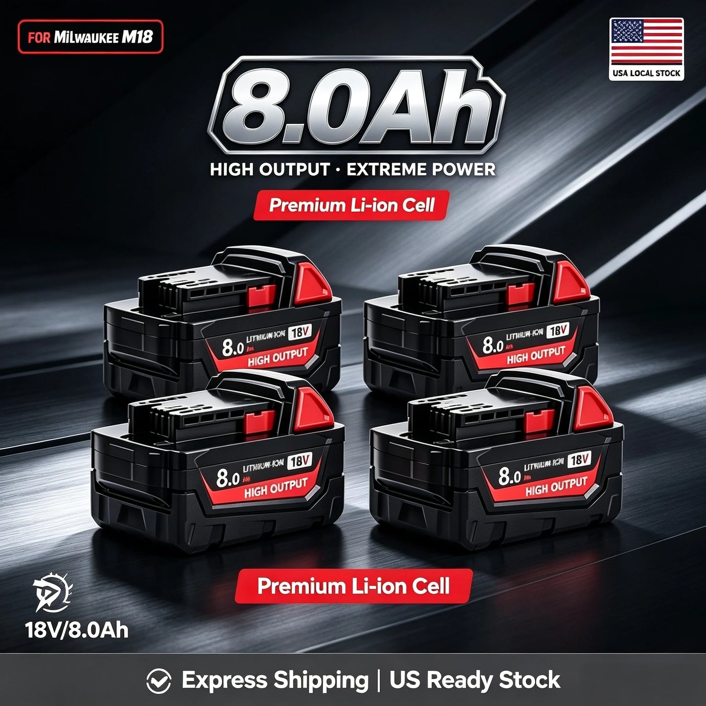 Milwaukee M18 8.0Ah 18V Li-ion Replacement Battery – 1, 2 & 4-Pack Compatible with 48-11-1880