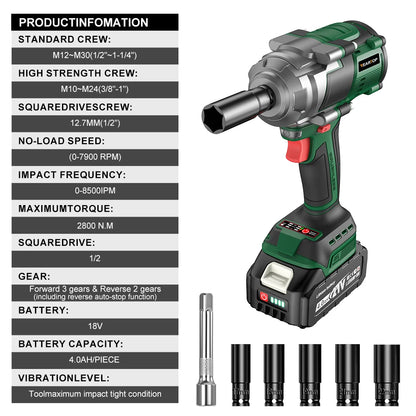 YEARTOP 2800N.m Brushless Cordless Impact Wrench – 1/2" Extended Anvil, Fits Makita 18V Battery