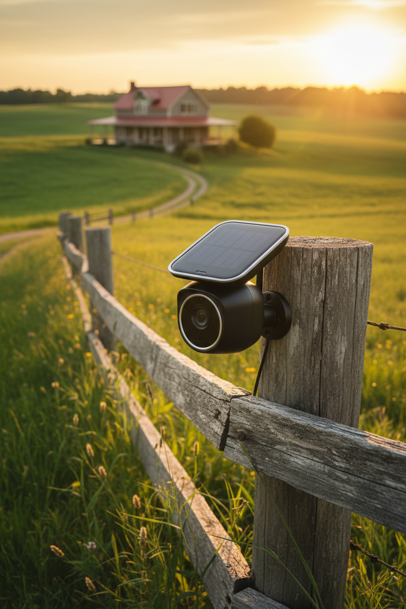 Solar 4G LTE security camera mounted on a fence post at a remote rural property at golden hour