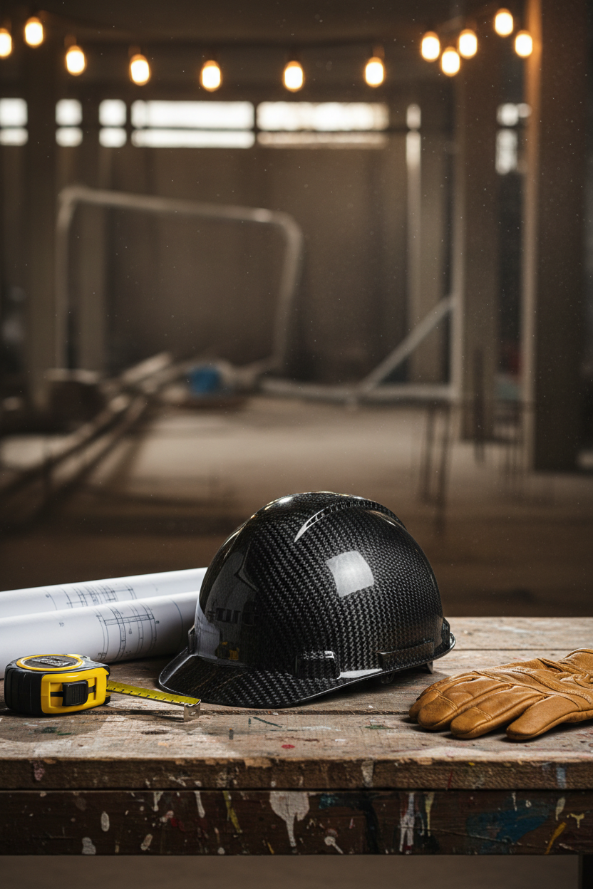 Carbon fiber pattern safety helmet on a workbench at a construction site