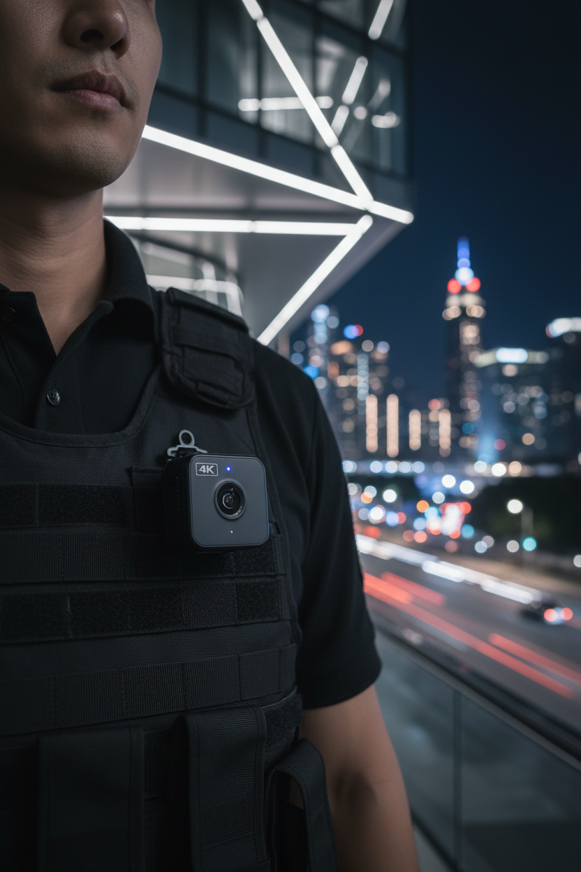 Compact 4K mini body camera clipped to a security professional at night with city lights in background